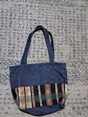 Denim Tote with Patterned Trim - Blue